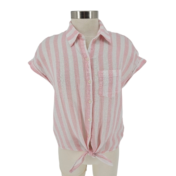 Old Navy Tops - Old Navy Shirt Linen Pink Stripe Short Sleeve Button Up Collared Tie Knot Small